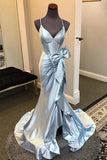 Straps Satin Mermaid Split Hot Pink Prom Dress with Bow TP1422
