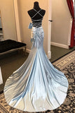 Straps Satin Mermaid Split Hot Pink Prom Dress with Bow TP1422
