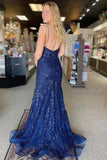 Straps V-Neck Appliques Mermaid Navy Blue Long Prom Dress TP1347-Tirdress