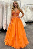 Stunning Orange A-Line V-Neck Long Tulle Appliques Prom Dress TP1221