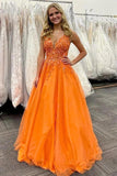 Stunning Orange A-Line V-Neck Long Tulle Appliques Prom Dress TP1221 - Tirdress