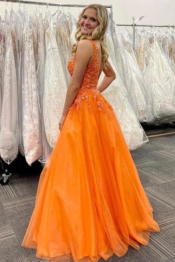 Stunning Orange A-Line V-Neck Long Tulle Appliques Prom Dress TP1221 - Tirdress