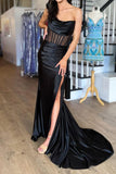 Stylish Mermaid Strapless Black Corset Prom Dress with Split  TP1291-Tirdress