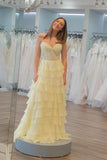 Sweetheart Lace Chiffon Corset Long Yellow Prom Dresses TP1294