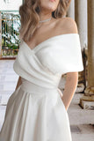 Tea Length Off The Shoulder A-Line Satin Beach Wedding Dress with Pockets TN387-Tirdress