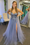 Robe de bal trapèze en tulle et dentelle florale 3D avec décolleté en cœur et fente TP1241