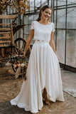 Two Piece Top Boho Lace Scoop Neck Cap Sleeves Beach Wedding Dress-Tirdress