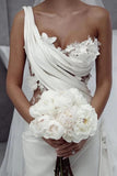 Unique One Shoulder Applique Satin White Wedding Dress TD0026-Tirdress