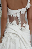 Unique One Shoulder Applique Satin White Wedding Dress TD0026-Tirdress