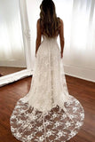 V-Neck Open Back Long Ivory Wedding Dresses Bridal Gowns With Split TN350-Tirdress