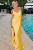 V-Neck Tie-Back Yellow Bridesmaid Dress with Slit TY0035