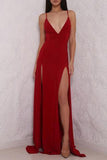 V Neck High Slit Backless Red  Chiffon Prom Dresses Evening Dresses PG466