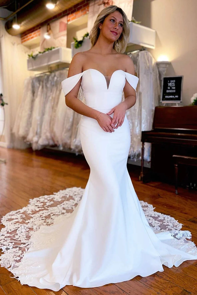 White Lace-Trimmed Off-the-Shoulder Mermaid Long Wedding Dress TN347-Tirdress