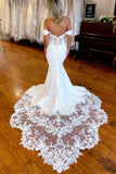 White Lace-Trimmed Off-the-Shoulder Mermaid Long Wedding Dress TN347-Tirdress