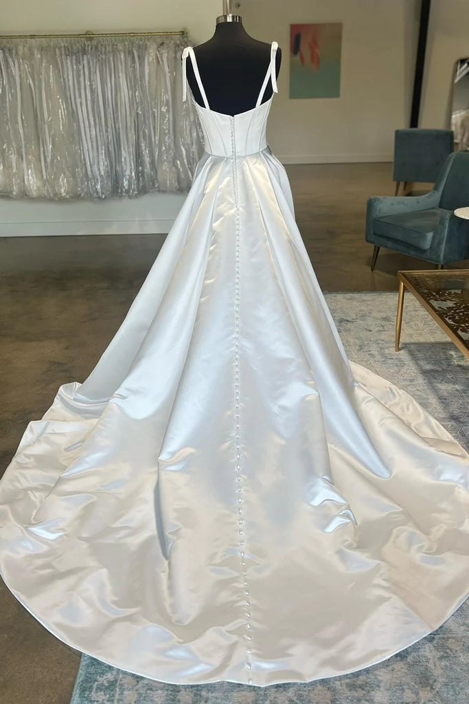White Sweetheart Bow-Strap A-Line Long Wedding Dress Bridal Gown TN370-Tirdress