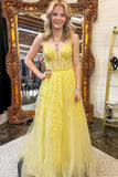 Yellow Spaghetti Straps A-line Lace Appliques Prom Dress TP1256
