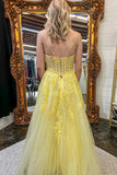 Yellow Spaghetti Straps A-line Lace Appliques Prom Dress TP1256-Tirdress