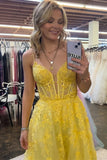 Yellow Spaghetti Straps A-line Lace Appliques Prom Dress TP1256-Tirdress