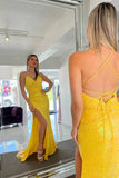 Yellow Sparkly Lace-Up Mermaid Sequins Long Prom Dress with Slit  TP1248-Tirdress