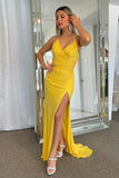 Yellow Sparkly Lace-Up Mermaid Sequins Long Prom Dress with Slit  TP1248-Tirdress