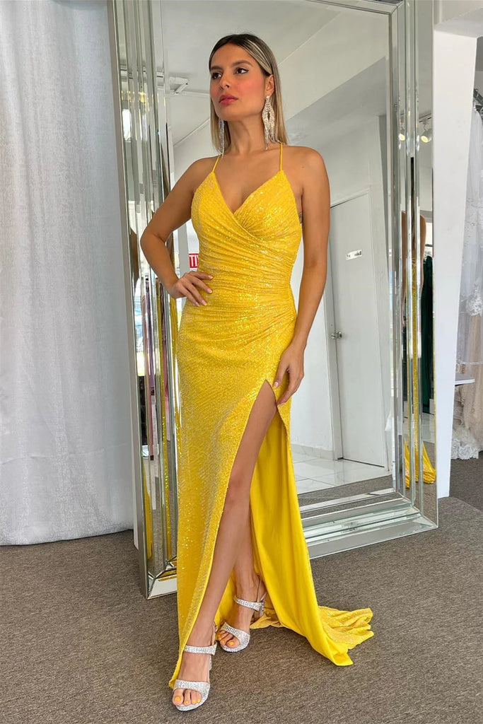 Yellow Sparkly Lace-Up Mermaid Sequins Long Prom Dress with Slit  TP1248-Tirdress