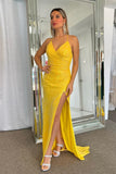 Yellow Sparkly Lace-Up Mermaid Sequins Long Prom Dress with Slit  TP1248