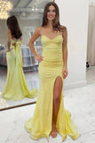 Yellow Strapless Ruched Slit Long Prom Dress with Bow Back-Tirdress