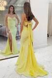 Yellow Strapless Ruched Slit Long Prom Dress with Bow Back-Tirdress