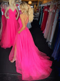 A-line Hot Pink Tulle Stylish Crystal Belt Prom Dress With Slit-Tirdress