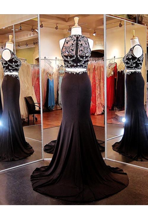 black two piece mermaid prom dress Mermaid Two Piece Black Sequin Tassle Evening Dresses
