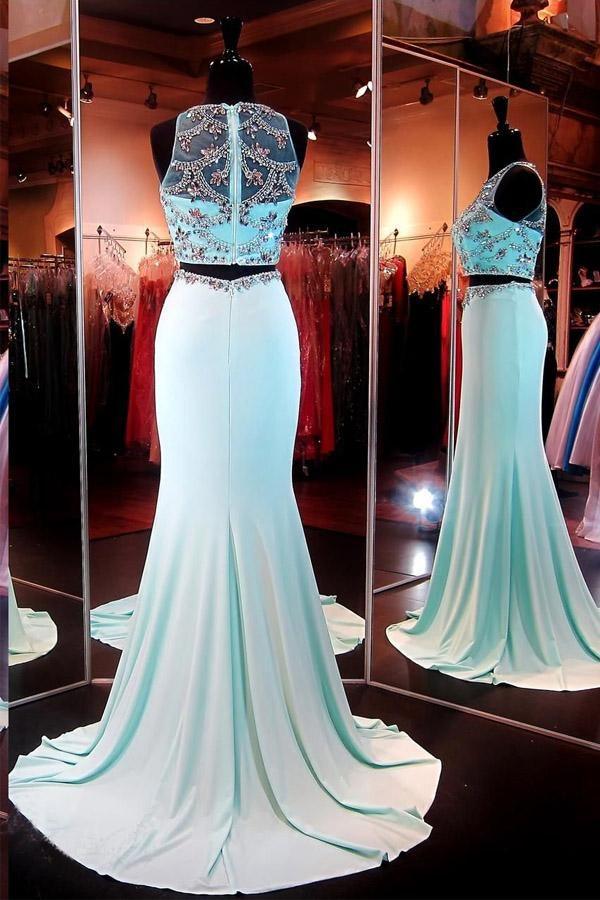 Glitter Appliqued Halter V Neck Ice Blue Prom Gown - Xdressy