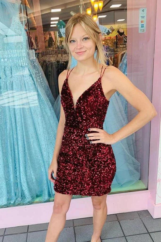 Burgundy Sequins V Neck Open Back Short Prom Homecoming Dresses HD0135 US2 / Custom Color Burgundy Sequins V Neck Open Back Short Prom Homecoming Dresses HD0135 US2 / Custom Color