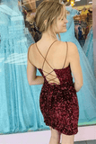 Shiny Burgundy Sequins V Neck Open Back Short Prom Homecoming Dresses HD0135 - Tirdress