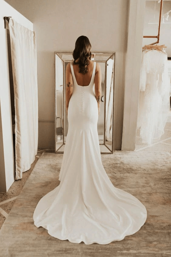 Simple Sheath Square Neck Backless Modest Long Wedding Dress TN301 US18 / White Simple Sheath Square Neck Backless Modest Long Wedding Dress TN301 US18 / White