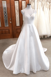 Schlichtes weißes langes Brautkleid aus Satin mit V-Ausschnitt, weißes Brautkleid TN310