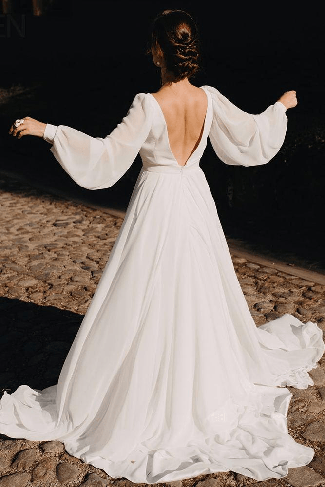Chiffon V Back Wedding Gown Long Puffy Sleeves Beach Wedding Dress US8 / White Chiffon V Back Wedding Gown Long Puffy Sleeves Beach Wedding Dress US8 / White