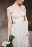Spaghetti Straps Backless Grey Tulle Long Wedding Dresses With Lace Appliques TN305 - Tirdress