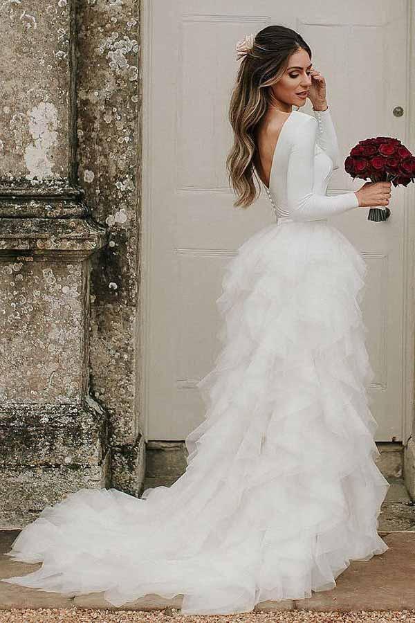 A-Line Bateau Long Sleeves Ruffles Tulle Elegant Wedding Dress TN224 - Tirdress