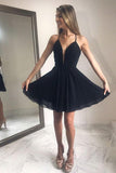 A-Line Black Chiffon Spaghetti Straps Pleats Homecoming Dress  HD0062