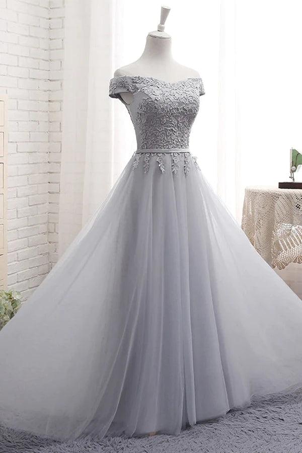 A-Line Gray Off the Shoulder Tulle Lace-up Sweetheart Prom Dress PG494 - Tirdress