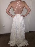 A-Line Halter Backless Sweep Train White Lace Wedding Dress with Pleats TN235 - Tirdress