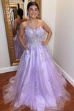 A-Line Lavender Tulle Applique Lace Up Back Prom Evening Dress TP1218 - Tirdress