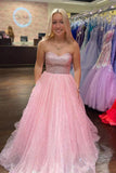 A-Line Light Pink Floor Length Strapless Sparkly Tulle Long Prom Dress TP1205 - Tirdress