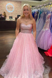 A-Line Light Pink Floor Length Strapless Sparkly Tulle Long Prom Dress TP1205