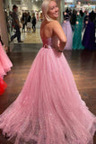A-Line Light Pink Floor Length Strapless Sparkly Tulle Long Prom Dress TP1205 - Tirdress
