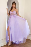 A-Line Lilac Tulle Split Long Prom Formal Dress With Beading TP1156 - Tirdress