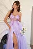A-Line Lilac Tulle Split Long Prom Formal Dress With Beading TP1156 - Tirdress