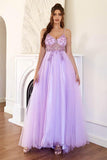 A-ligne lilas tulle fendu longue robe de bal avec perles TP1156