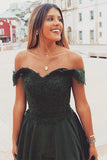 A-Line Off-the-Shoulder Split Dark Green Lace Appliques Prom Dress TP0932 - Tirdress