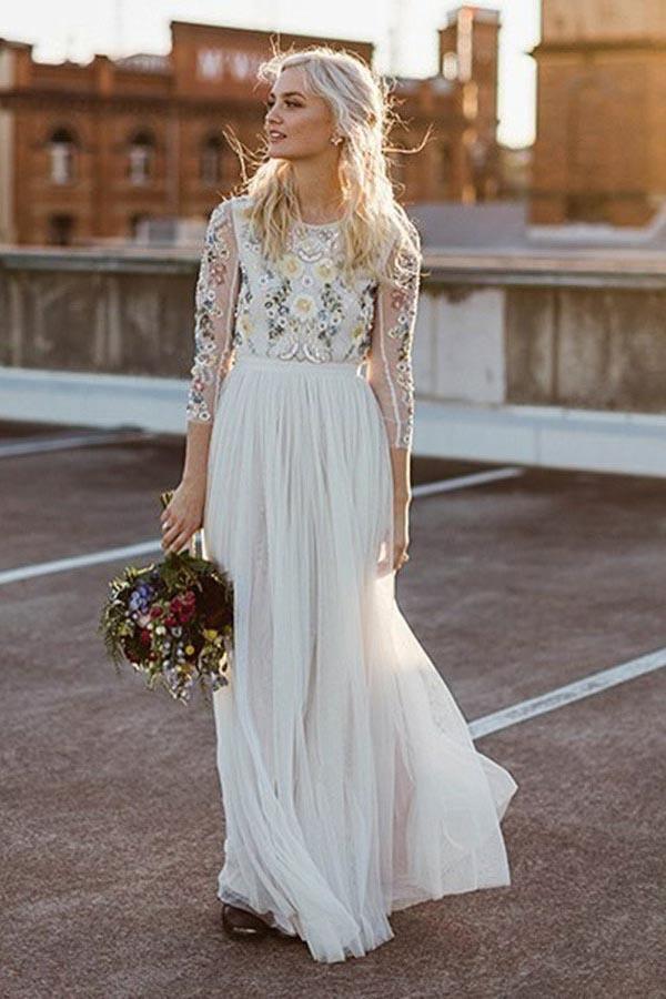 A-Line Round Neck Long Wedding Dress With Lace Long Sleeves TN335 - Tirdress